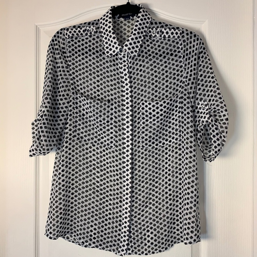 Sheer Black & White Diamond Print Blouse XS 3/4 Sleeve Office Chic Top Workwear‎